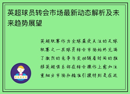英超球员转会市场最新动态解析及未来趋势展望