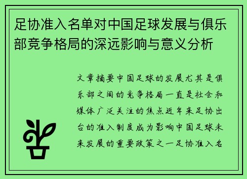 足协准入名单对中国足球发展与俱乐部竞争格局的深远影响与意义分析